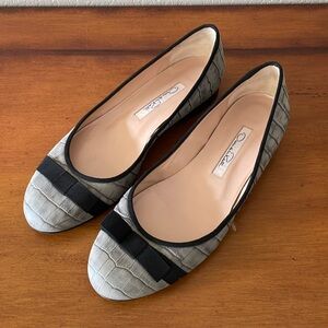 Oscar De La Renta Reba Bow Ballet Flats Croc Embossed Leather Shoes Sz 39 US 8.5
